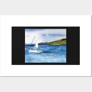 Sailing at Full Moon Watercolor Painting Posters and Art